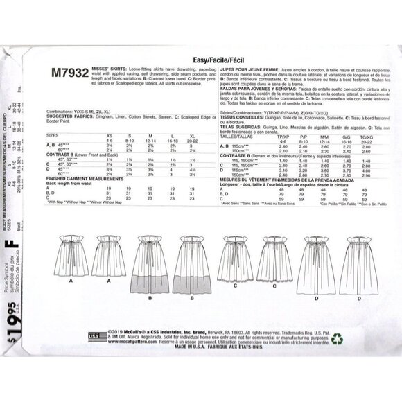 McCalls M7932 Misses L to XL Paper bag Drawstring Skirts Sewing Pattern - Picture 2 of 2